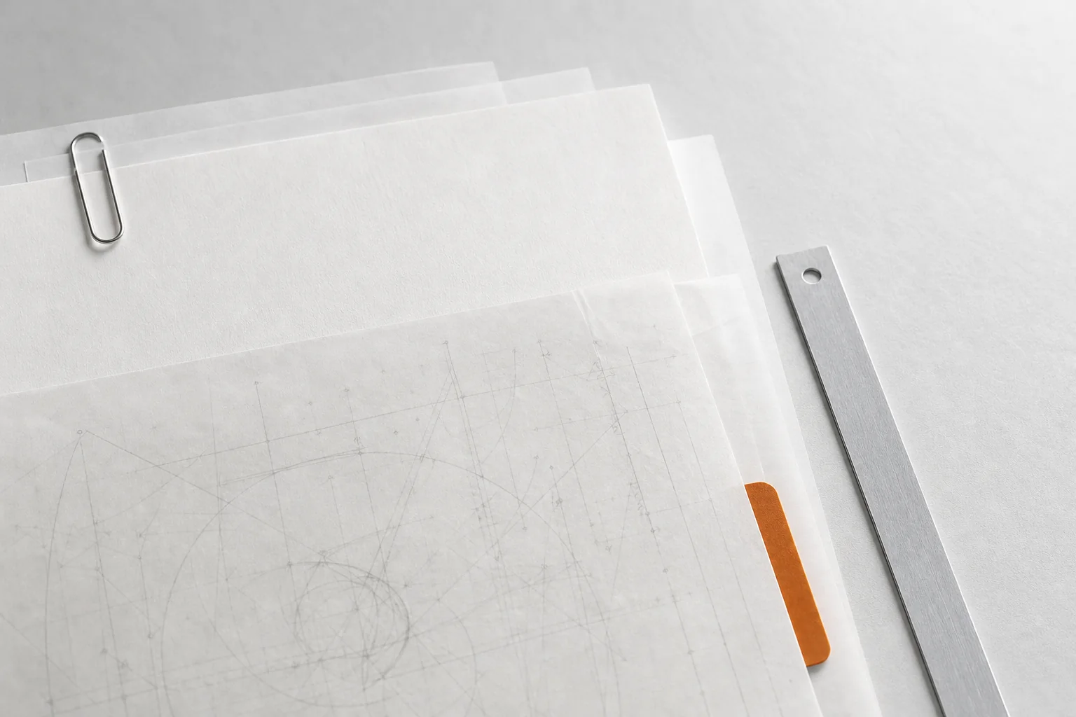 Abstract study-design materials with measurement grids, layered papers, and restrained orange annotations